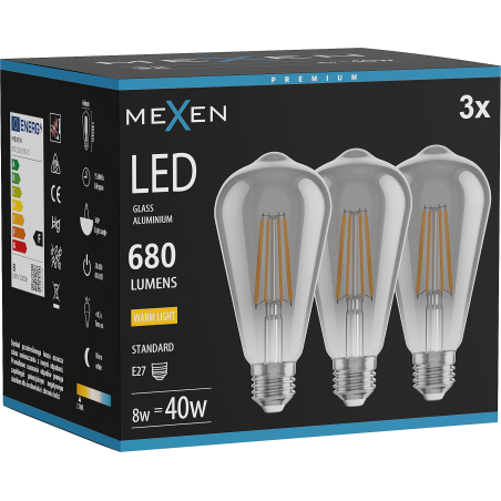 Mexen Vintis 3x LED филаментна крушка E27, ST64, 8W, Топла - 2700K, 680 lm, пушек