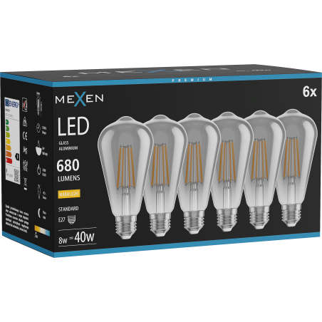 Mexen Vintis 6x LED филaментна крушка E27, ST64, 8W, Топло - 2700K, 680 lm, пушена