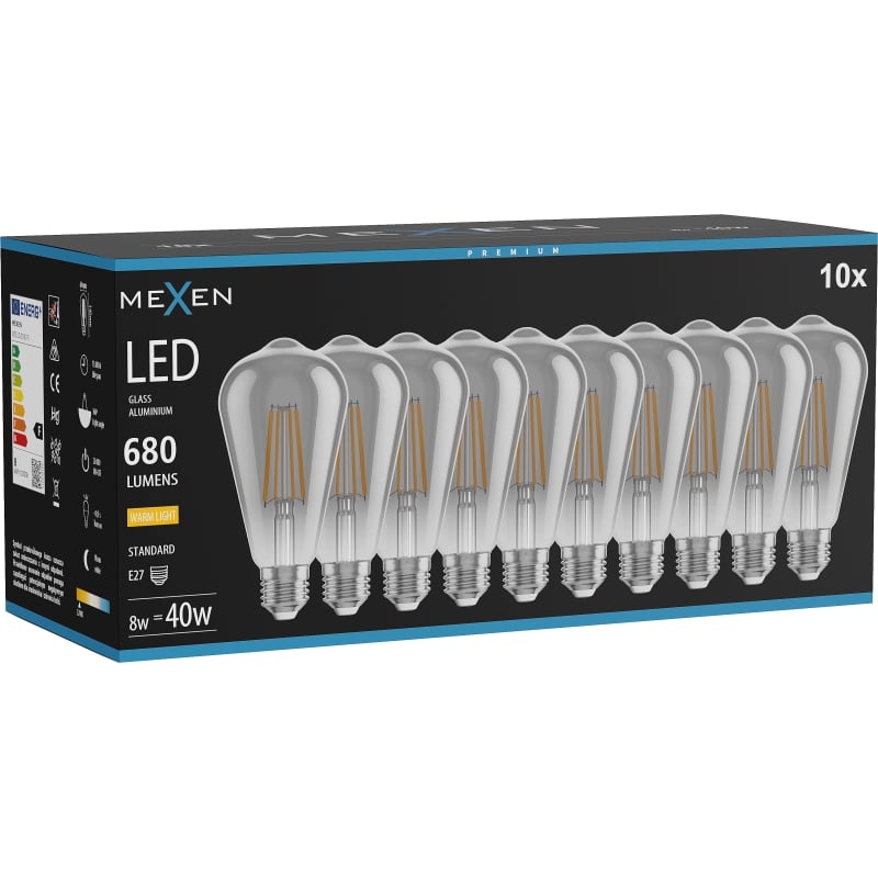 Mexen Vintis 10x LED Филамент Крушка E27, ST64, 8W, Топла - 2700K, 680 lm, димно - L152-E27-0827-70x10