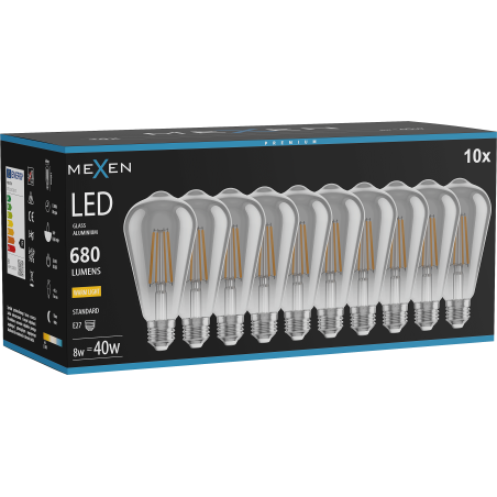 Mexen Vintis 10x LED Филамент Крушка E27, ST64, 8W, Топла - 2700K, 680 lm, димно - L152-E27-0827-70x10