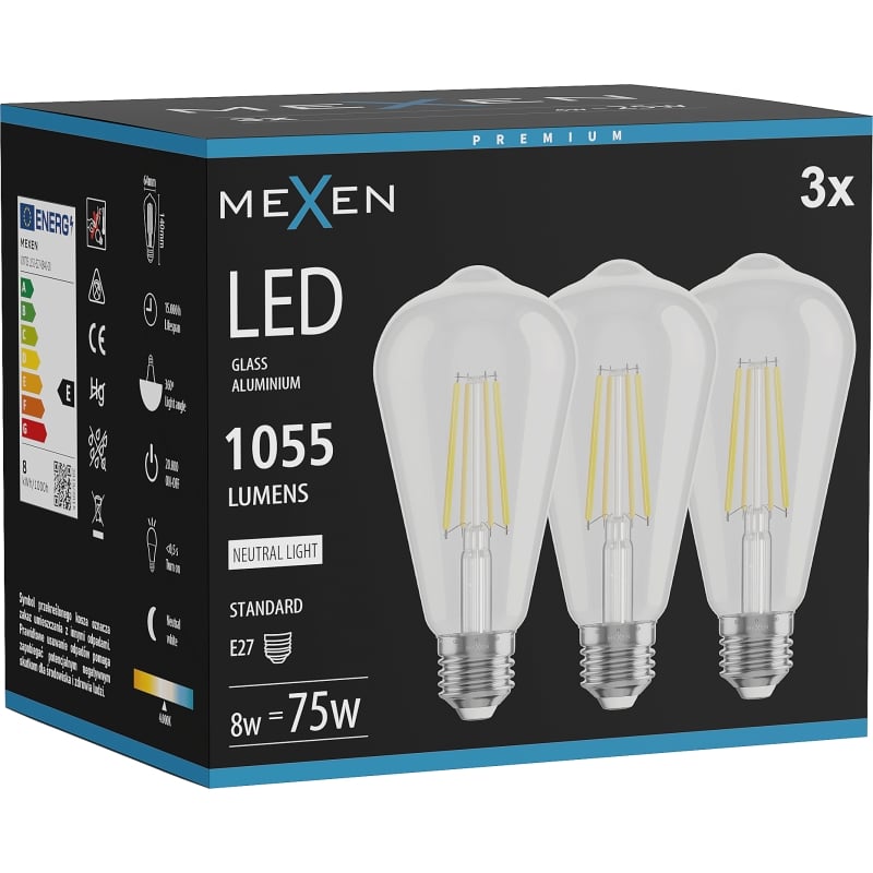 Mexen Vintis 3x LED нажежаема жичка E27, ST64, 8W, неутрална - 4000K, 1055 lm, прозрачно