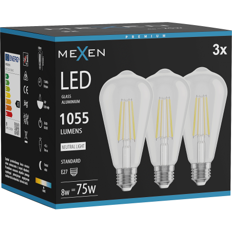 Mexen Vintis 3x LED нажежаема жичка E27, ST64, 8W, неутрална - 4000K, 1055 lm, прозрачно