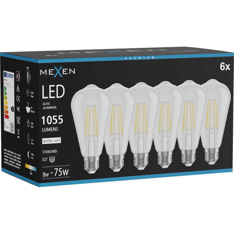 Mexen Vintis 6x LED филаментна крушка E27, ST64, 8W, Неутрална - 4000K, 1055 lm, прозрачна