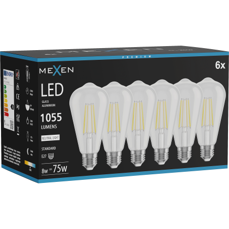 Mexen Vintis 6x LED филаментна крушка E27, ST64, 8W, Неутрална - 4000K, 1055 lm, прозрачна