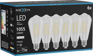 Mexen Vintis 6x LED филаментна крушка E27, ST64, 8W, Неутрална - 4000K, 1055 lm, прозрачна