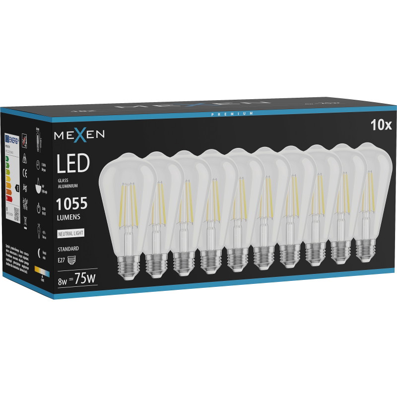 Mexen Vintis 10x LED филаментна крушка E27, ST64, 8W, неутрална - 4000K, 1055 lm, прозрачен