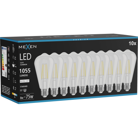 Mexen Vintis 10x LED филаментна крушка E27, ST64, 8W, неутрална - 4000K, 1055 lm, прозрачен