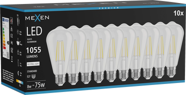 Mexen Vintis 10x LED филаментна крушка E27, ST64, 8W, неутрална - 4000K, 1055 lm, прозрачен