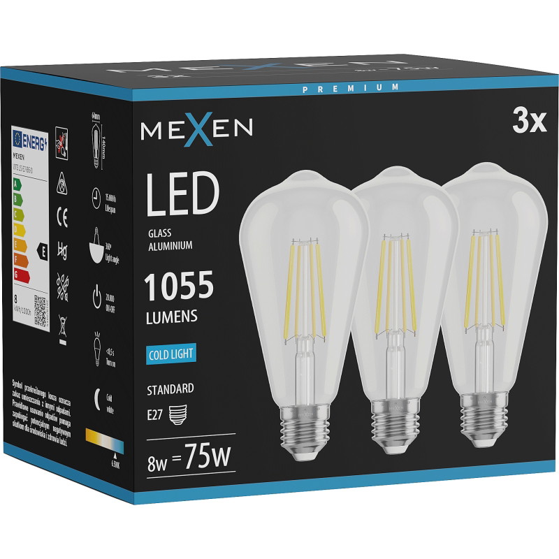 Mexen Vintis 3x LED филамент крушка E27, ST64, 8W, Студена - 6500K, 1055 lm, прозрачна