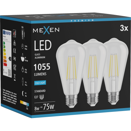 Mexen Vintis 3x LED филамент крушка E27, ST64, 8W, Студена - 6500K, 1055 lm, прозрачна