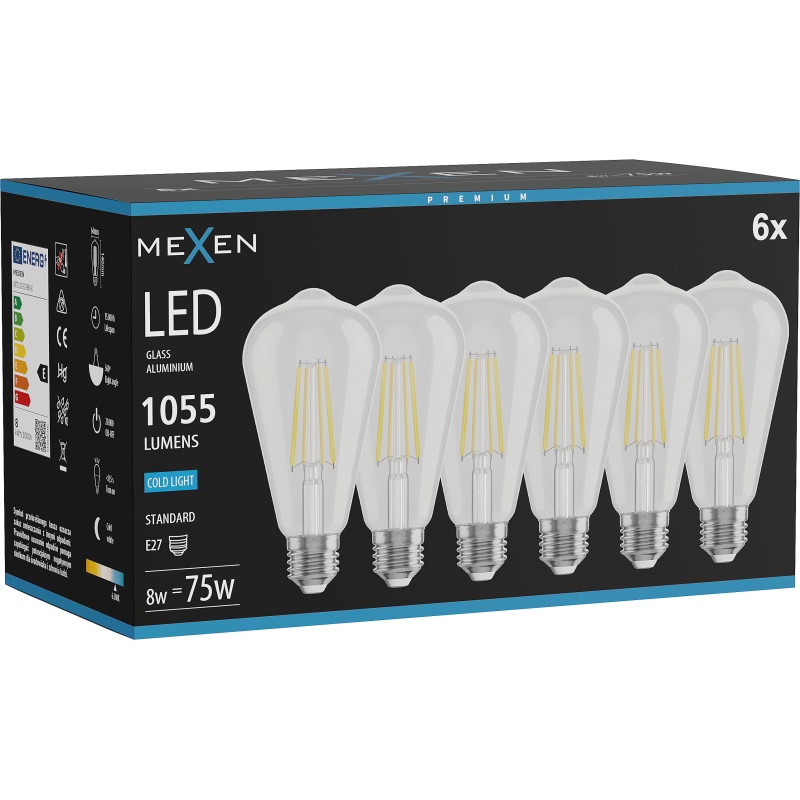 Mexen Vintis 6x LED нажежаема жичка Е27, ST64, 8W, Студена - 6500K, 1055 lm, прозрачен