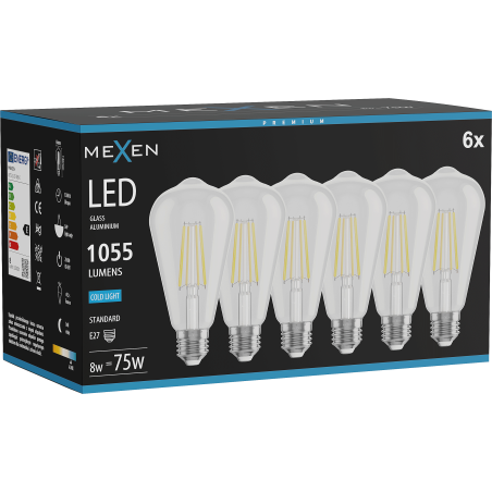 Mexen Vintis 6x LED нажежаема жичка Е27, ST64, 8W, Студена - 6500K, 1055 lm, прозрачен