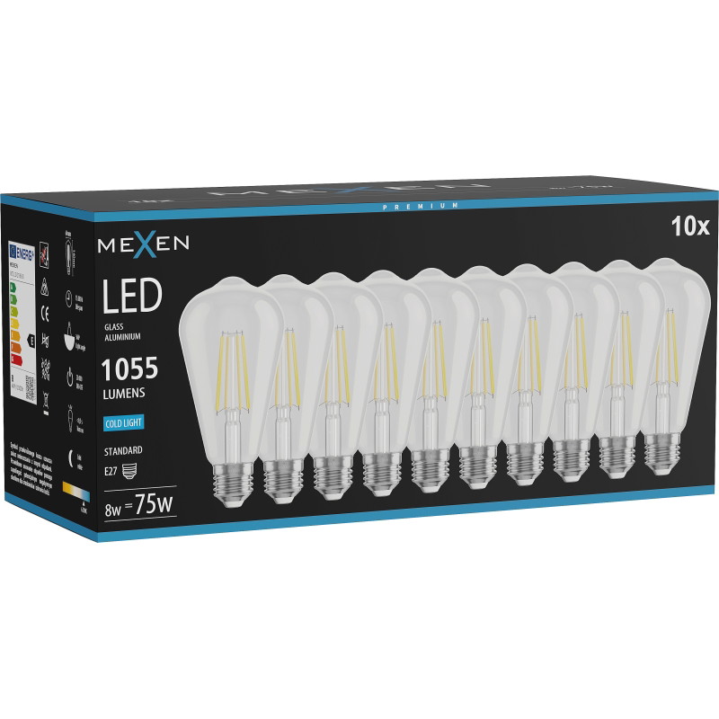 Mexen Vintis 10x LED филаментна крушка E27, ST64, 8W, Студена - 6500K, 1055 lm, прозрачна