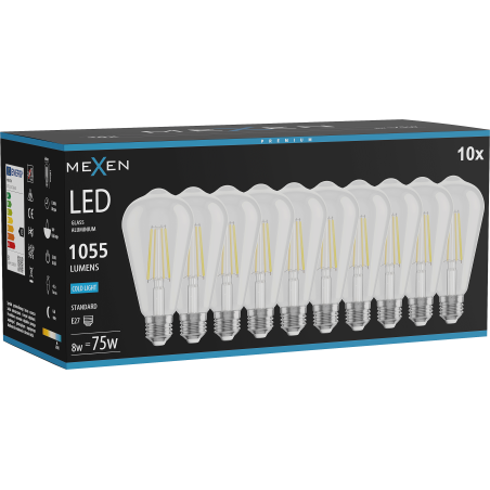 Mexen Vintis 10x LED филаментна крушка E27, ST64, 8W, Студена - 6500K, 1055 lm, прозрачна