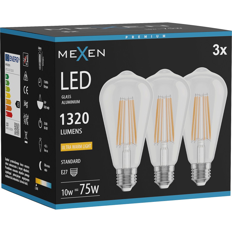 Mexen Vintis 3x LED филамент крушка E27, ST64, 10W, Топла - 2200K, 1320 lm, прозрачна