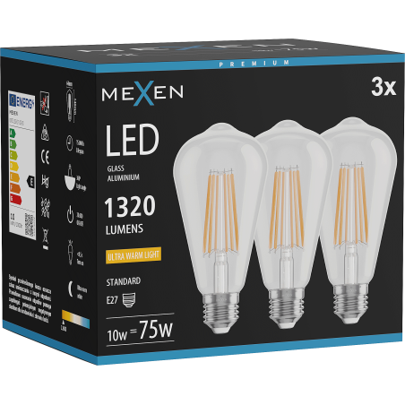 Mexen Vintis 3x LED филамент крушка E27, ST64, 10W, Топла - 2200K, 1320 lm, прозрачна