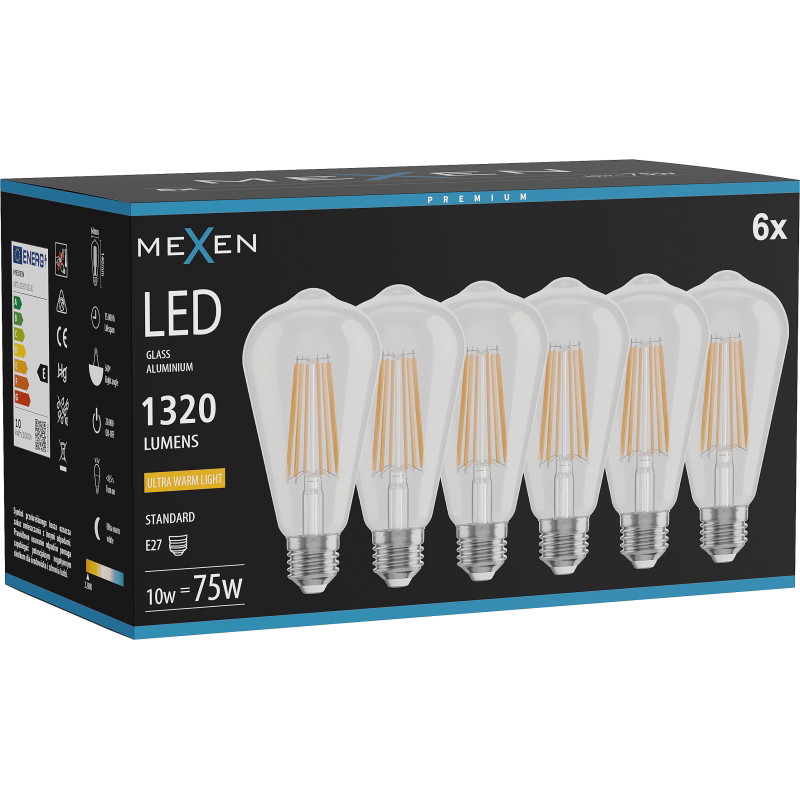 Mexen Vintis 6x LED филаментна крушка E27, ST64, 10W, Топла - 2200K, 1320 lm, чиста