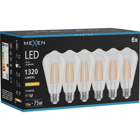 Mexen Vintis 6x LED филаментна крушка E27, ST64, 10W, Топла - 2200K, 1320 lm, чиста