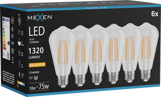 Mexen Vintis 6x LED филаментна крушка E27, ST64, 10W, Топла - 2200K, 1320 lm, чиста