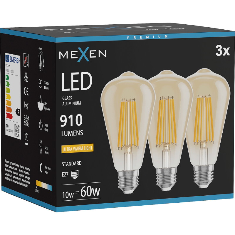 Mexen Vintis 3x LED филаментна крушка E27, ST64, 10W, Топло - 2200K, 910 lm, кехлибар