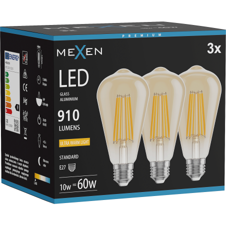 Mexen Vintis 3x LED филаментна крушка E27, ST64, 10W, Топло - 2200K, 910 lm, кехлибар