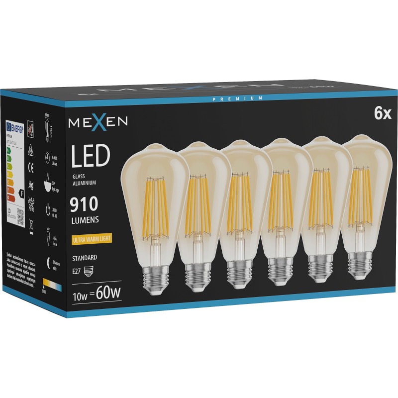 Mexen Vintis 6x LED лампа с нажежаема жичка E27, ST64, 10W, Топла - 2200K, 910 lm, кехлибар