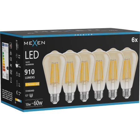 Mexen Vintis 6x LED лампа с нажежаема жичка E27, ST64, 10W, Топла - 2200K, 910 lm, кехлибар