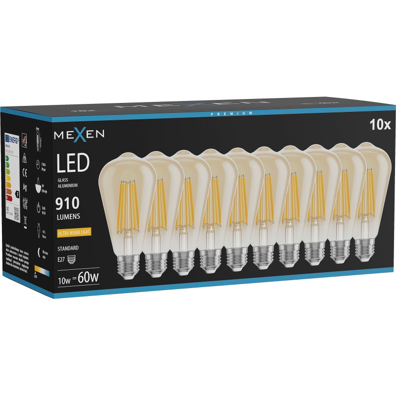Mexen Vintis 10x LED филаментна крушка E27, ST64, 10W, Топла - 2200K, 910 lm, кехлибар