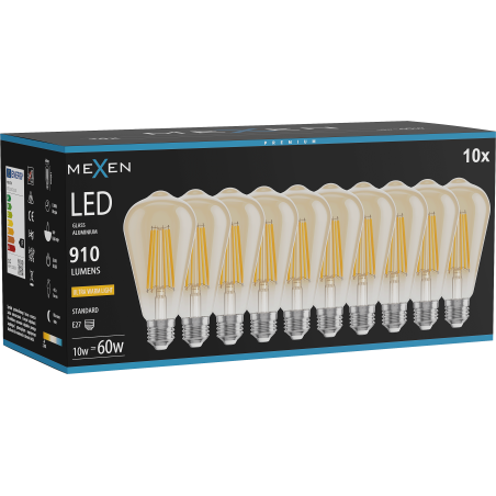 Mexen Vintis 10x LED филаментна крушка E27, ST64, 10W, Топла - 2200K, 910 lm, кехлибар