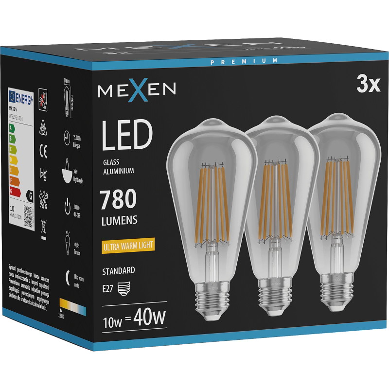 Mexen Vintis 3x Филаментна LED крушка E27, ST64, 10W, Топла - 2200K, 780 lm, опушена