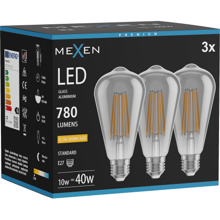 Mexen Vintis 3x Филаментна LED крушка E27, ST64, 10W, Топла - 2200K, 780 lm, опушена