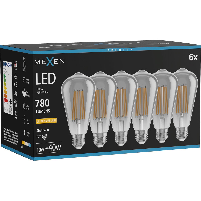 Mexen Vintis 6x LED крушка с жичка E27, ST64, 10W, Топло - 2200K, 780 lm, опушен - L152-E27-1022-70x06