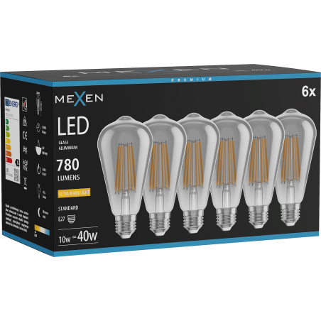 Mexen Vintis 6x LED крушка с жичка E27, ST64, 10W, Топло - 2200K, 780 lm, опушен - L152-E27-1022-70x06