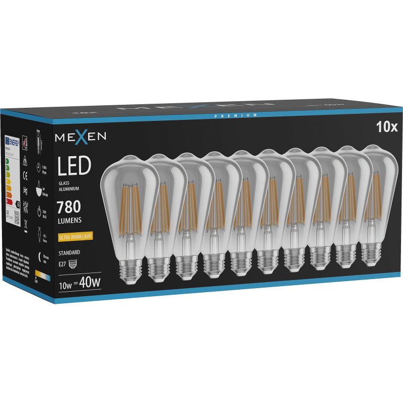 Mexen Vintis 10x LED филтър крушка E27, ST64, 10W, Топла - 2200K, 780 lm, пушек - L152-E27-1022-70x10