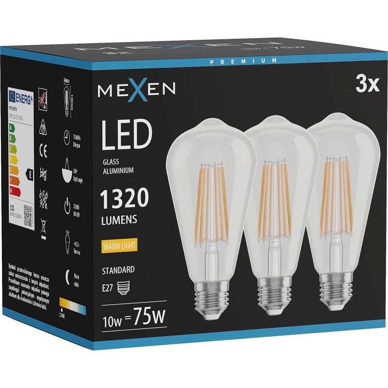 Mexen Vintis 3x LED Filament крушка E27, ST64, 10W, Топла - 2700K, 1320 lm, прозрачен - L152-E27-1027-00x03