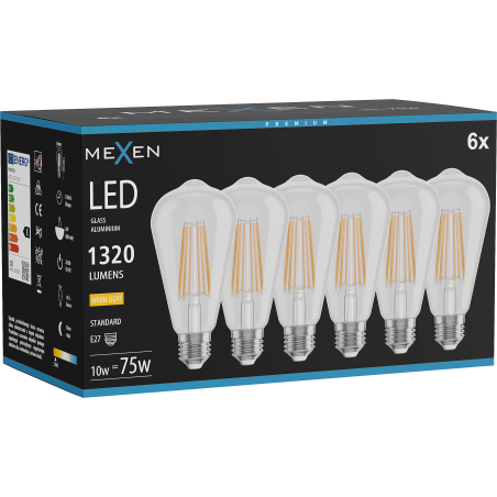 Mexen Vintis 6x LED филамент крушка E27, ST64, 10W, Топла - 2700K, 1320 lm, ясна - L152-E27-1027-00x06