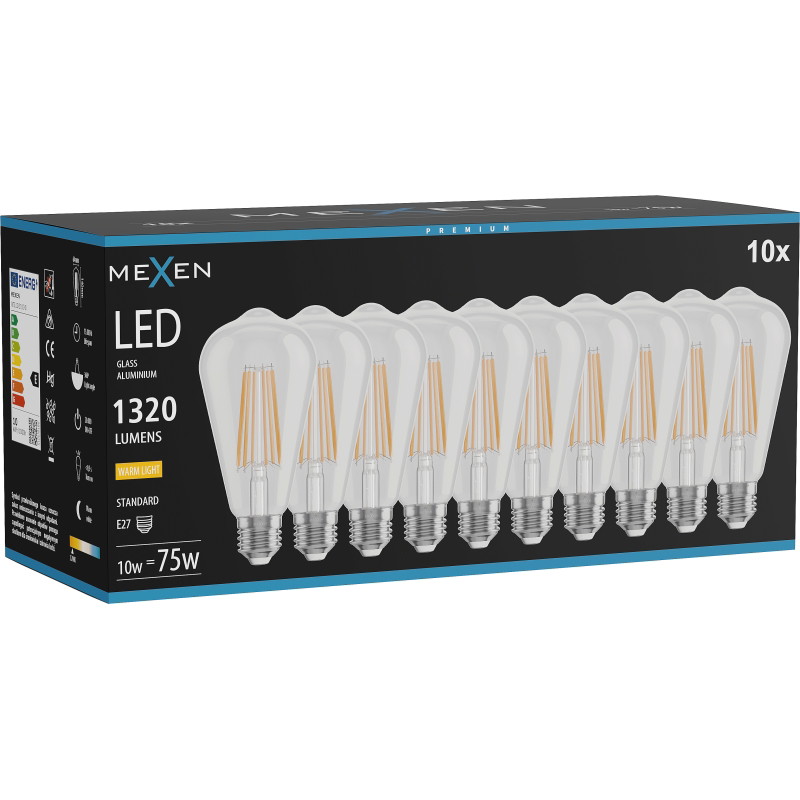 Mexen Vintis 10x LED филаментна крушка E27, ST64, 10W, Топла - 2700K, 1320 lm, прозрачна