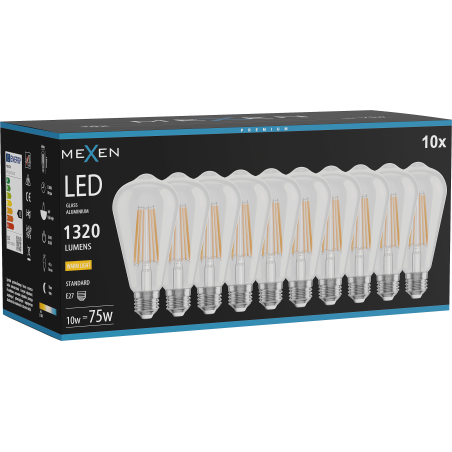 Mexen Vintis 10x LED филаментна крушка E27, ST64, 10W, Топла - 2700K, 1320 lm, прозрачна