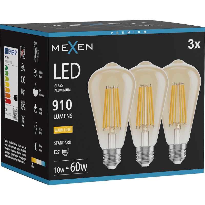 Mexen Vintis 3x LED филамент крушка E27, ST64, 10W, Топла - 2700K, 910 lm, кехлибар