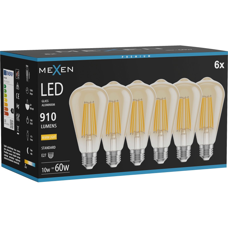 Mexen Vintis 6x LED филамент крушка E27, ST64, 10W, Топла - 2700K, 910 lm, кехлибар
