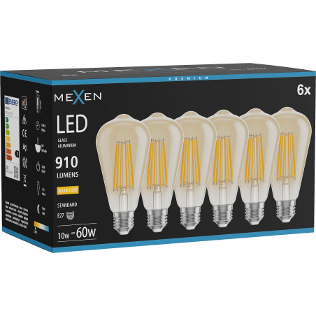 Mexen Vintis 6x LED филамент крушка E27, ST64, 10W, Топла - 2700K, 910 lm, кехлибар