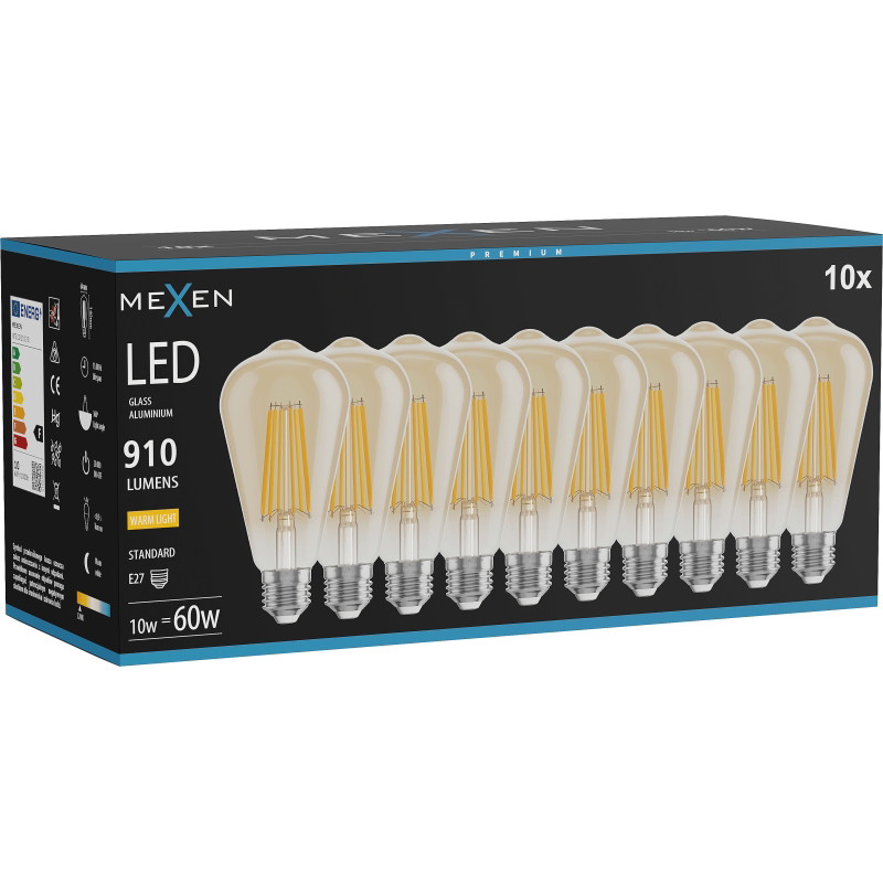 Mexen Vintis 10x LED филаментна крушка E27, ST64, 10W, Топло - 2700K, 910 lm, кехлибар