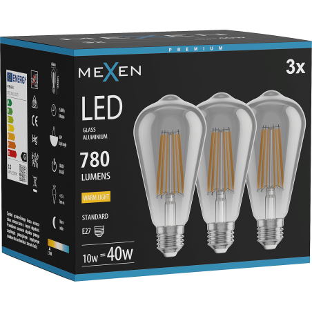 Mexen Vintis 3x LED филамент крушка E27, ST64, 10W, Топла - 2700K, 780 lm, димна - L152-E27-1027-70x03