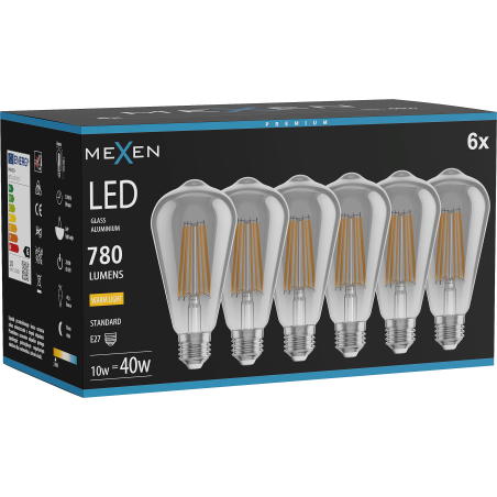 Mexen Vintis 6x LED филаментна крушка E27, ST64, 10W, Топла - 2700K, 780 lm, опушено