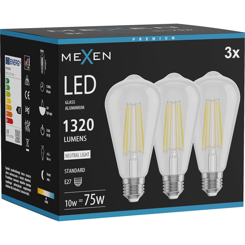 Mexen Vintis 3x LED филaментна крушка E27, ST64, 10W, Неутрална - 4000K, 1320 lm, прозрачна