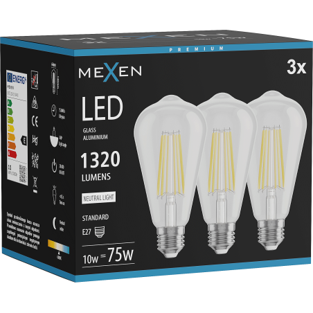 Mexen Vintis 3x LED филaментна крушка E27, ST64, 10W, Неутрална - 4000K, 1320 lm, прозрачна
