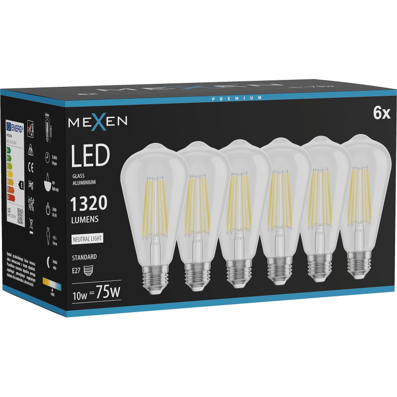 Mexen Vintis 6x LED филамент крушка E27, ST64, 10W, Неутрална - 4000K, 1320 lm, прозрачна