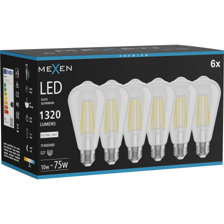 Mexen Vintis 6x LED филамент крушка E27, ST64, 10W, Неутрална - 4000K, 1320 lm, прозрачна