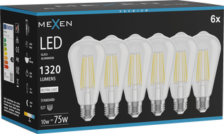 Mexen Vintis 6x LED филамент крушка E27, ST64, 10W, Неутрална - 4000K, 1320 lm, прозрачна