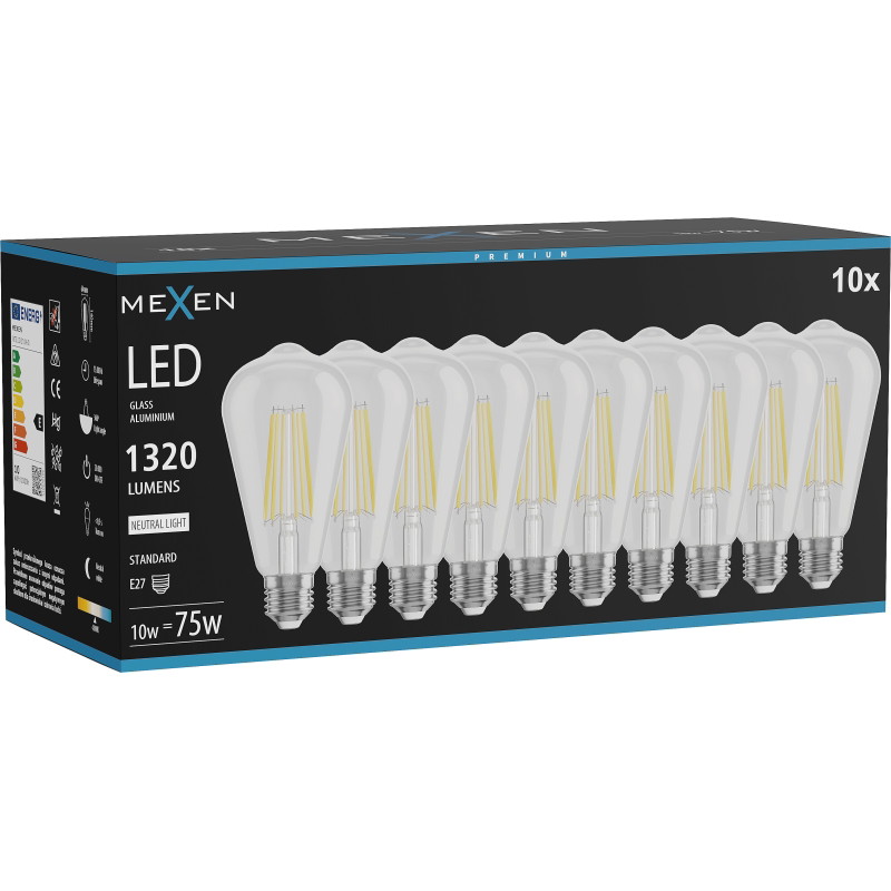 Mexen Vintis 10x LED нажежаема жичка крушка E27, ST64, 10W, Неутрална - 4000K, 1320 lm,